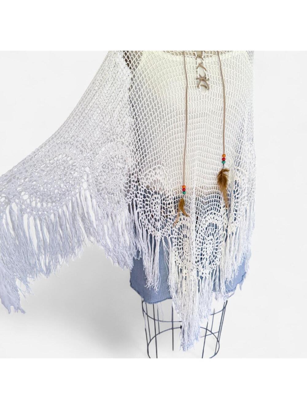 BCBG Cream Crochet Fringe Poncho with Feather Ties